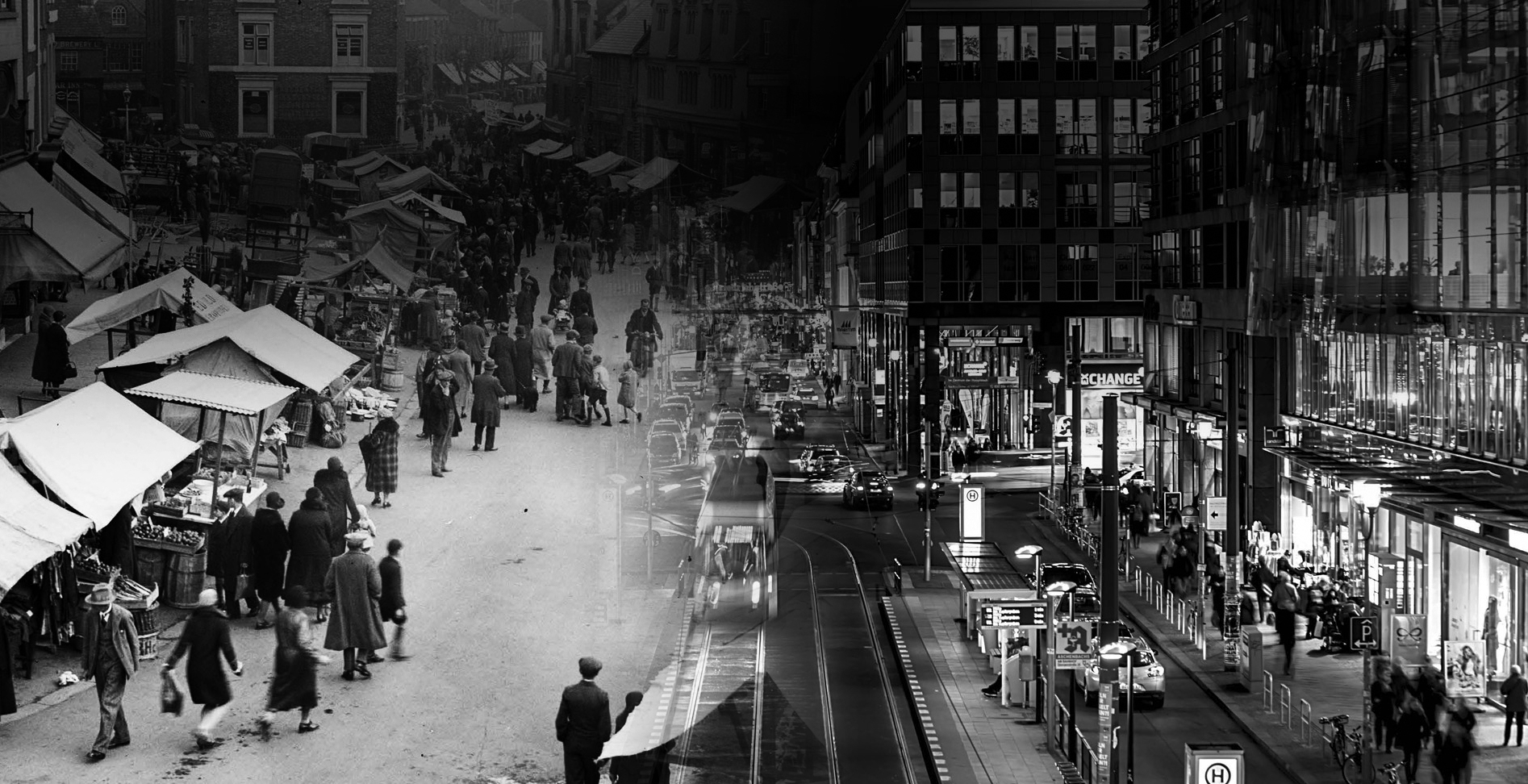 From traditional market squares to modern retail districts — a century of retail evolution.